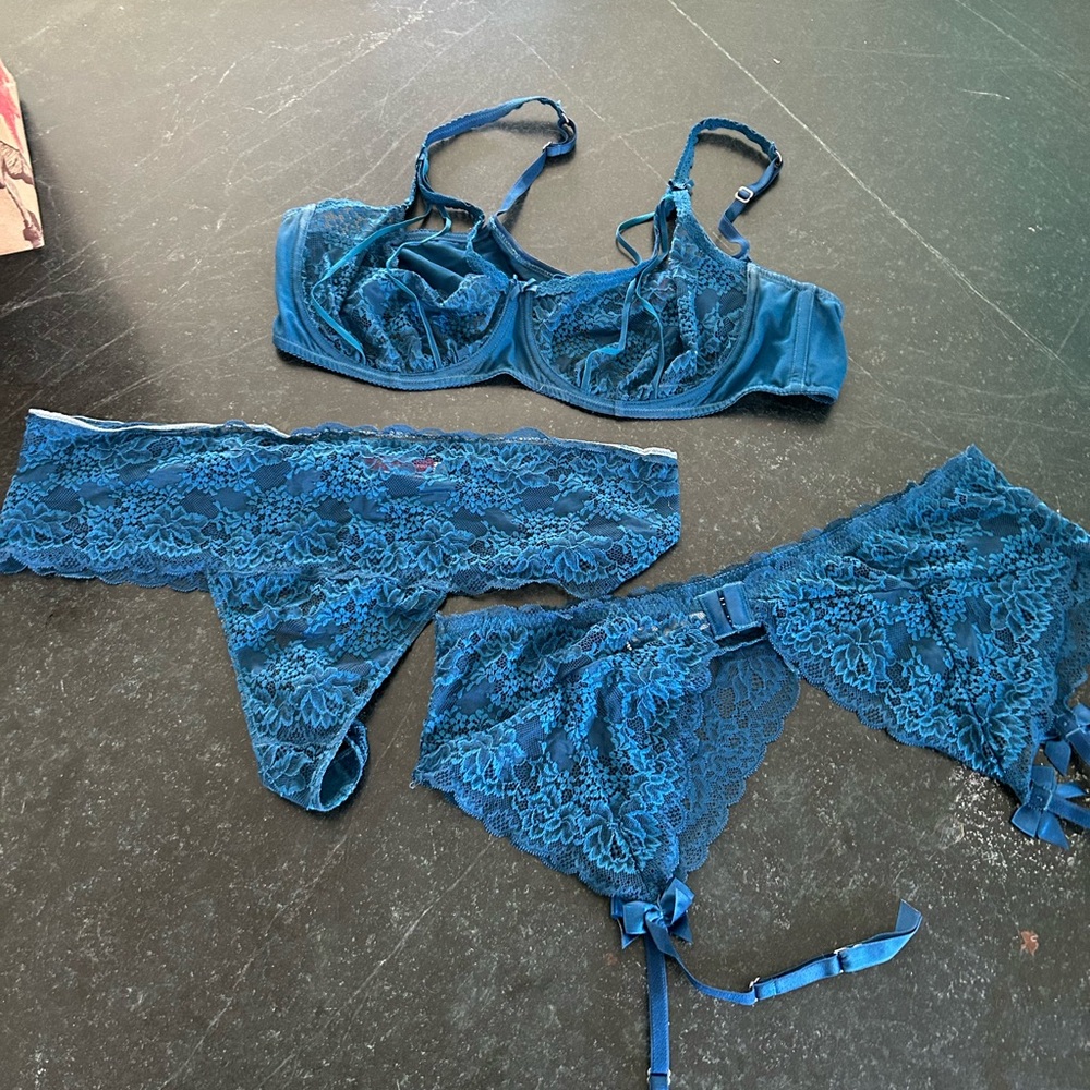 Hips & Curves rich blue bra, panty & garter set. Size 44D on top 3x bottoms.